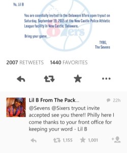 Lil B is invited to try out for the Delaware 87ers